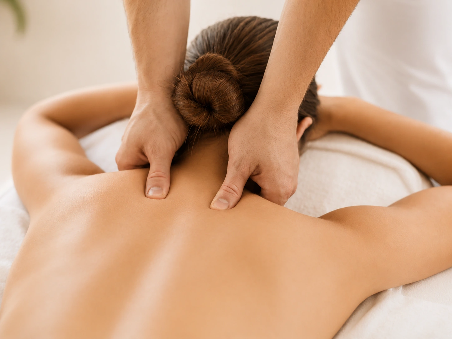A therapist working deep tissue on a client's back, athletic shorts visible.