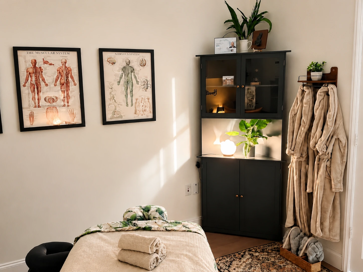 The treatment table beside framed anatomy charts and a fiddle leaf fig.